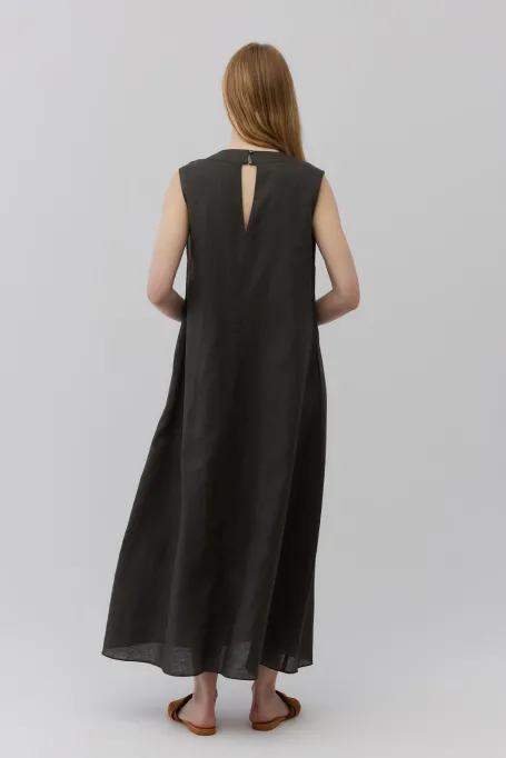 Rochie maxi din in verde inchis fara maneci