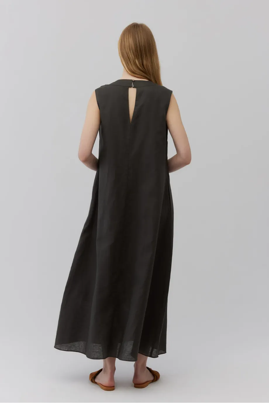 Rochie maxi din in verde inchis fara maneci Rochie maxi din in verde inchis fara maneci