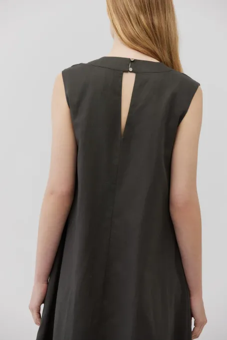 Rochie maxi din in verde inchis fara maneci