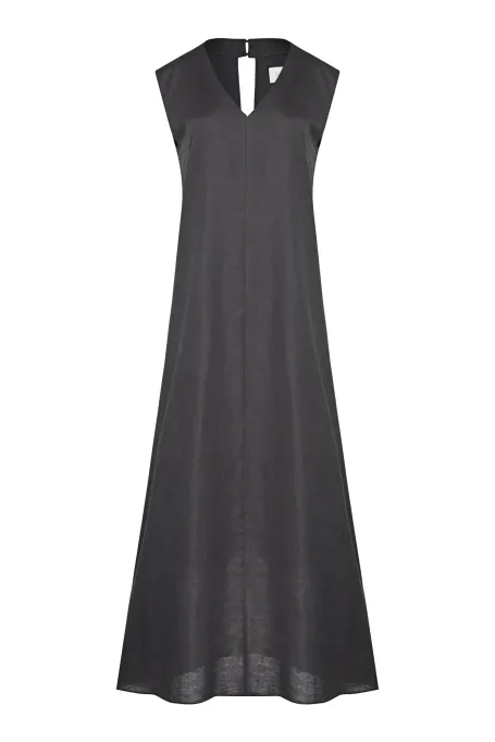 Rochie maxi din in verde inchis fara maneci