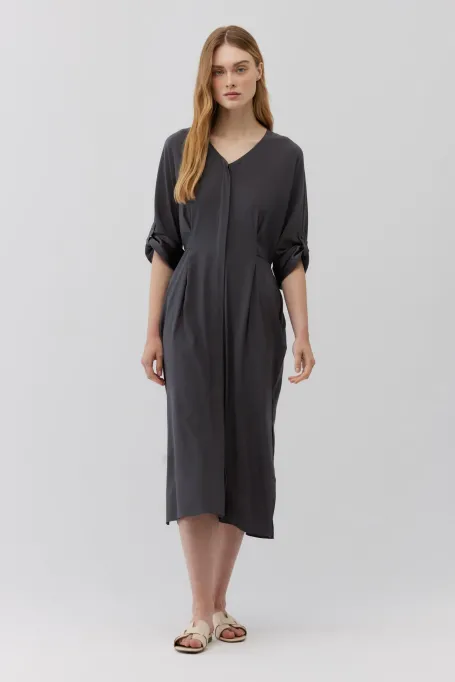 Rochie de mătase gri cu cravată în talie