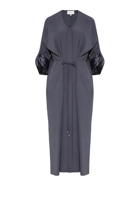 Rochie de mătase gri cu cravată în talie