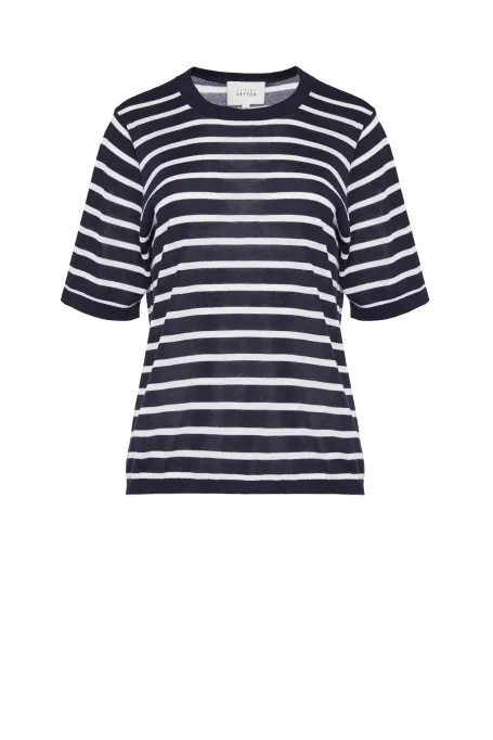 Tricou cu dungi albe și bleumarin din lyocell și cașmir