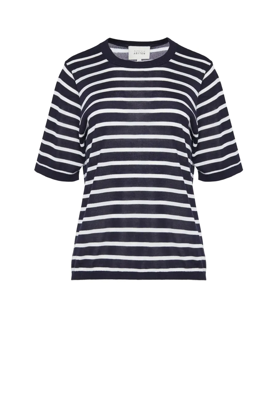 Tricou cu dungi albe și bleumarin din lyocell și cașmir Tricou cu dungi albe și bleumarin din lyocell și cașmir