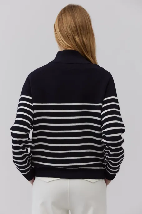 Pulover din lână merinos în dungi bleumarin