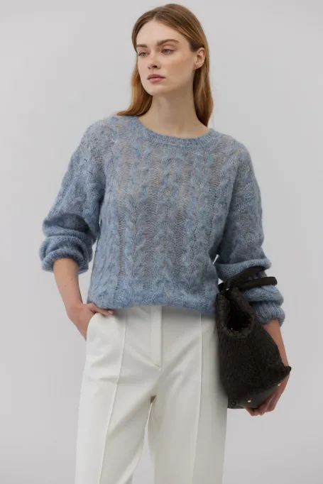 Pulover din lana de alpaca albastru deschis