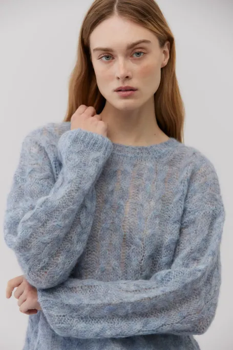 Pulover din lana de alpaca albastru deschis