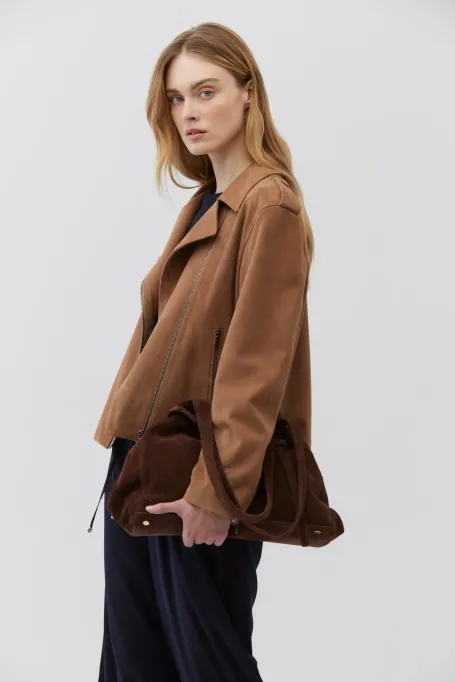 Geaca din piele intoarsa camel