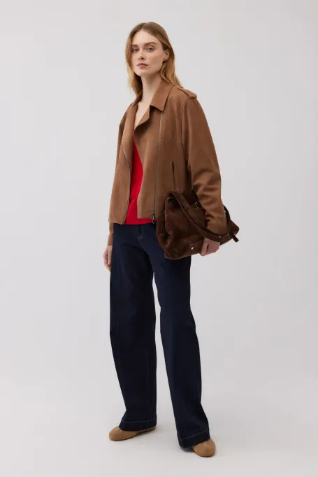 Geaca din piele intoarsa camel