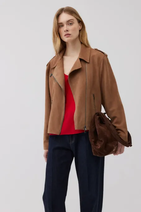 Geaca din piele intoarsa camel