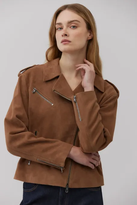 Geaca din piele intoarsa camel