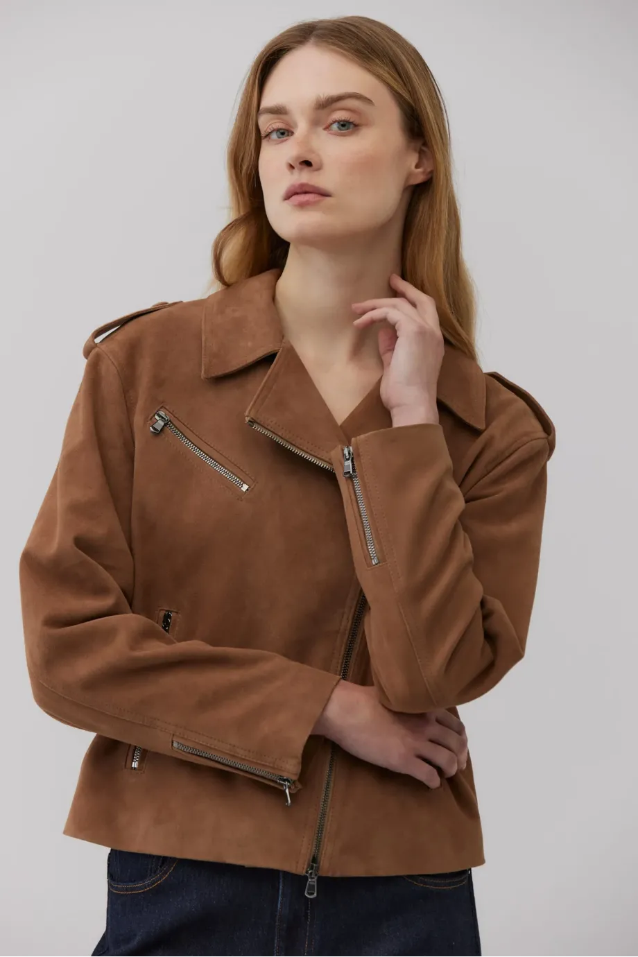 Geaca din piele intoarsa camel Geaca din piele intoarsa camel