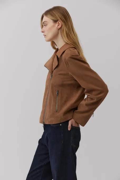 Geaca din piele intoarsa camel