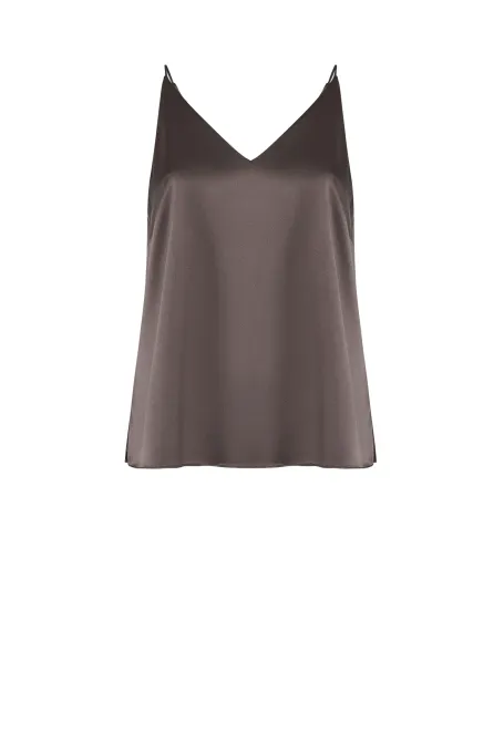 Top cu decolteu în V din mătase maro