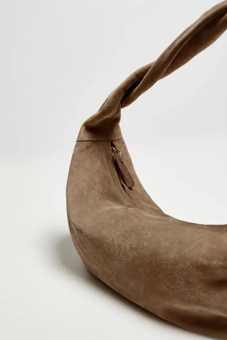 Geanta de mana bej din piele intoarsa naturala