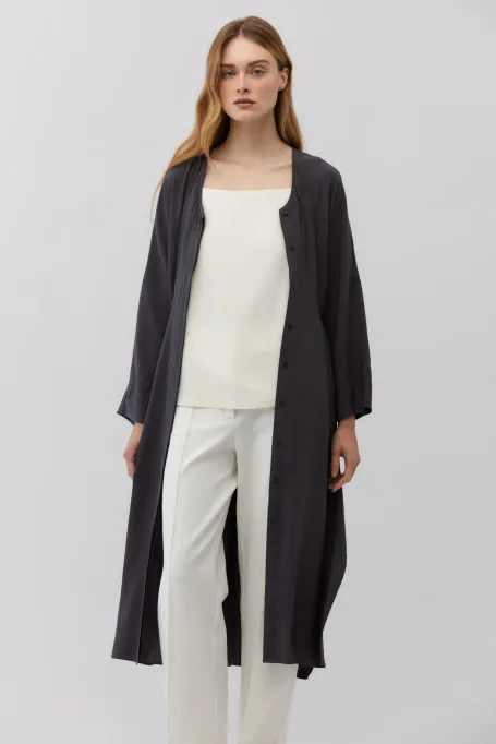 Rochie de mătase gri cu cravată în talie