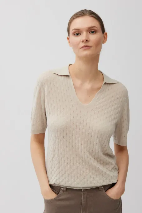 Tricou polo bej din lana merinos