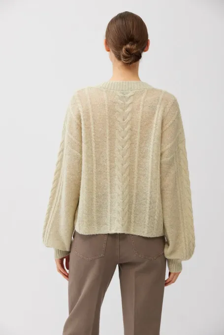 Pulover verde deschis din tricot liber cu lână de alpaca Pulover verde deschis din tricot liber cu lână de alpaca