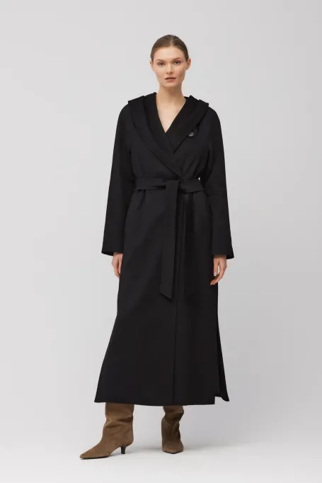 Palton negru de cașmir cu glugă