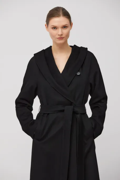 Palton negru de cașmir cu glugă