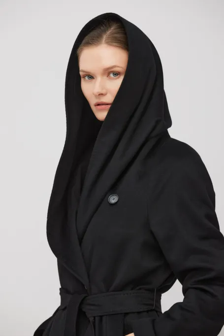 Palton negru de cașmir cu glugă