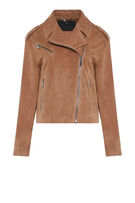 Geaca din piele intoarsa camel