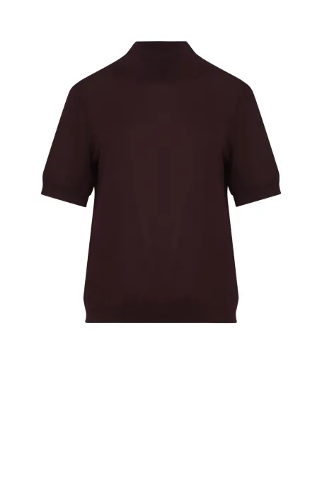 Pulover cu guler înalt din lână merinos cu mânecă scurtă, roșu-cireș