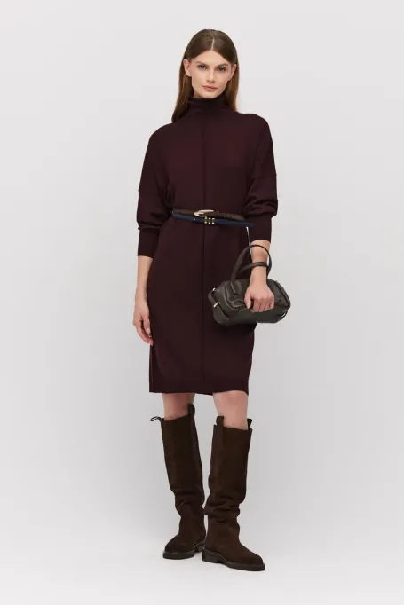 Rochie cu guler înalt din lână merinos vinete