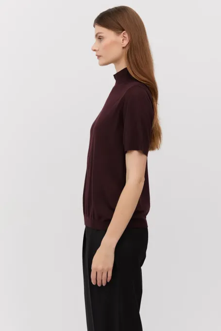 Pulover cu guler înalt din lână merinos cu mânecă scurtă, roșu-cireș