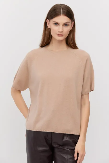 Bluză roz cu mânecă scurtă din lână merinos și cașmir