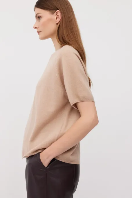 Bluză roz cu mânecă scurtă din lână merinos și cașmir