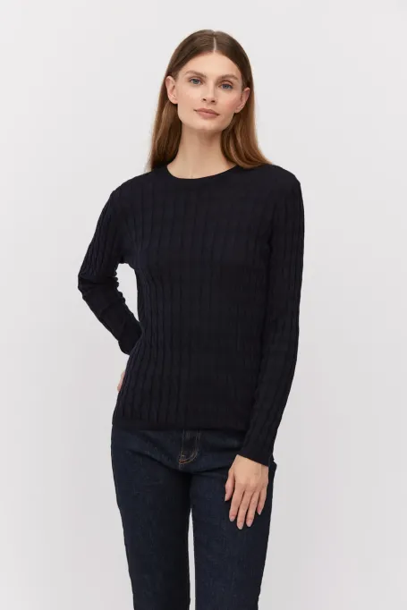 Bluză bleumarin din lână merinos, croită, cu croială