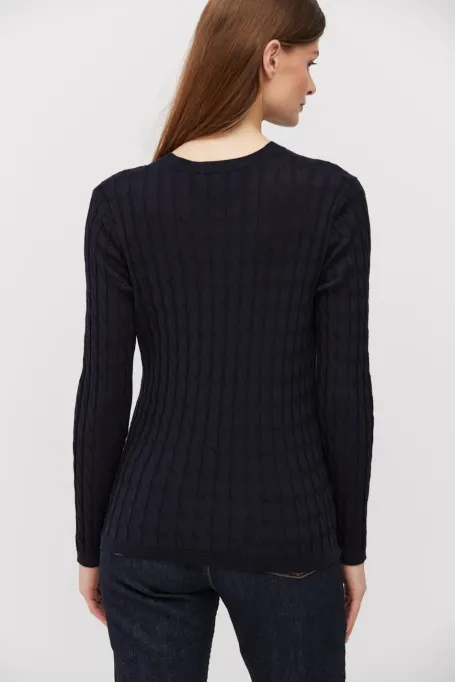 Bluză bleumarin din lână merinos, croită, cu croială