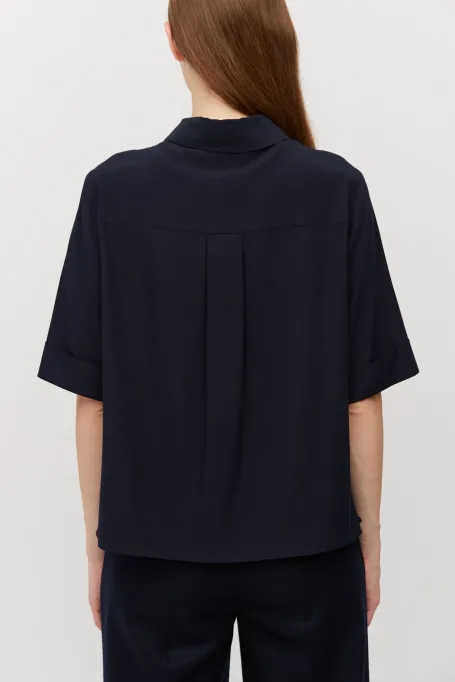 Cămașă de mătase bleumarin cu mâneci scurte