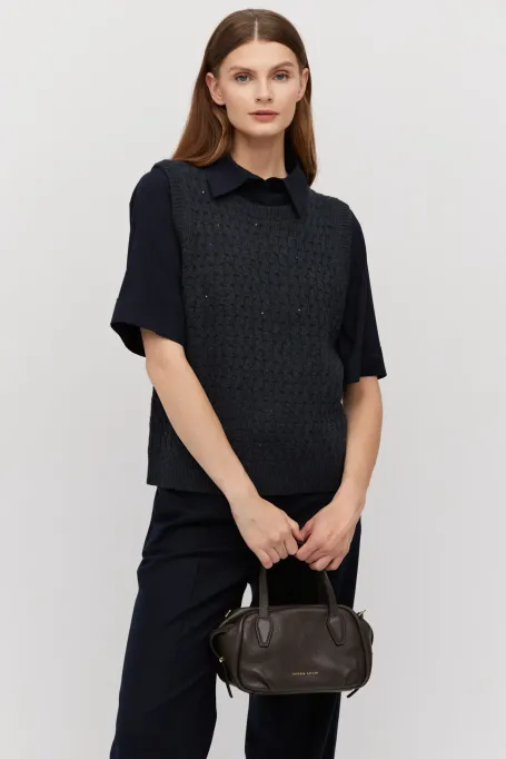 Cămașă de mătase bleumarin cu mâneci scurte