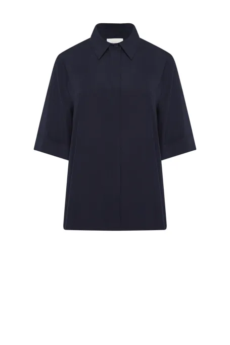 Cămașă de mătase bleumarin cu mâneci scurte