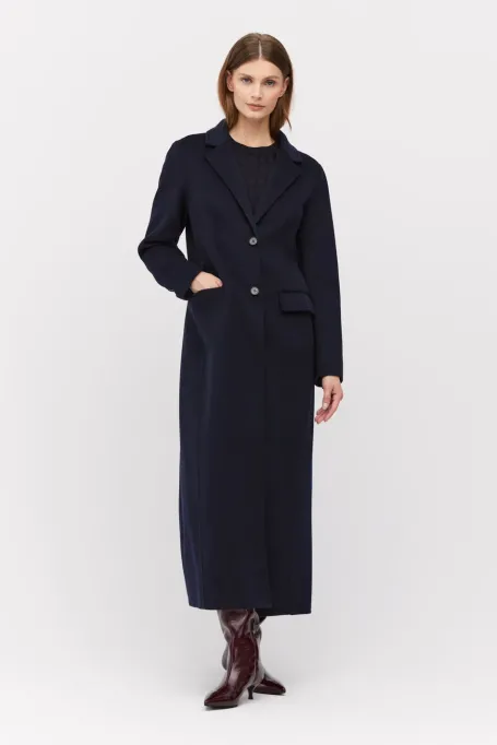 Palton lung bleumarin cu un singur rând de nasturi, dublu stratificat