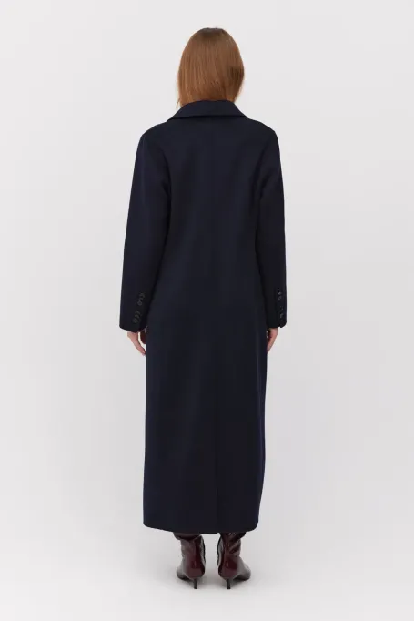 Palton lung bleumarin cu un singur rând de nasturi, dublu stratificat