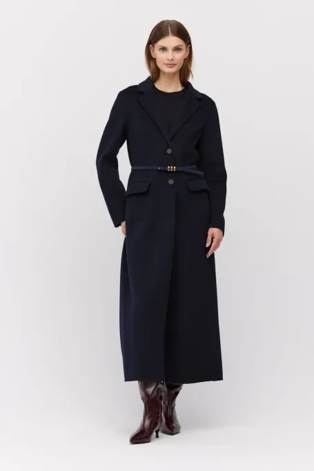 Palton lung bleumarin cu un singur rând de nasturi, dublu stratificat