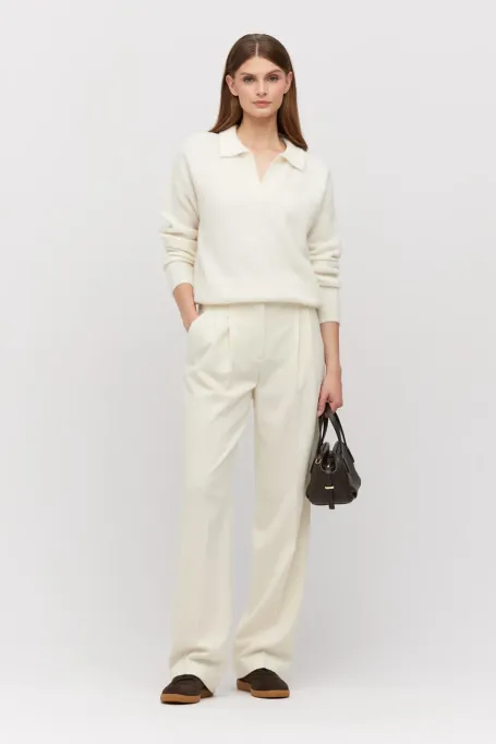 Pantaloni de costum din lână crem cu cașmir