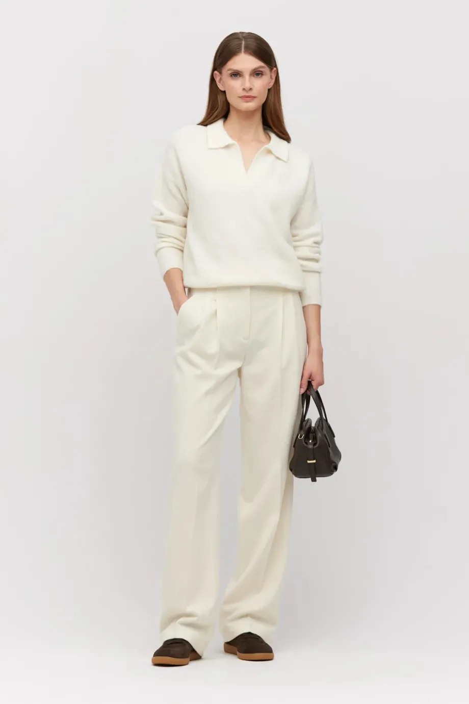 Pantaloni de costum din lână crem cu cașmir Pantaloni de costum din lână crem cu cașmir