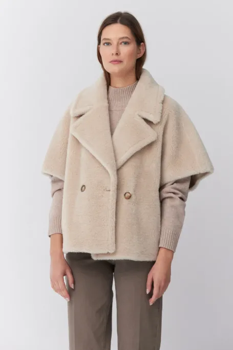 Jachetă bej din lână cu model ursuleț de pluș