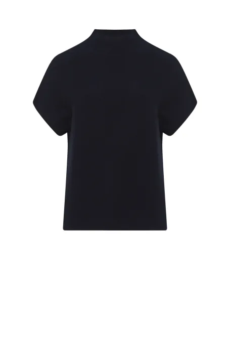 Bluză bleumarin din lână cu guler înalt și mâneci scurte