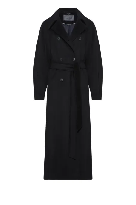 Palton negru cu curea, din amestec de mătase și cașmir