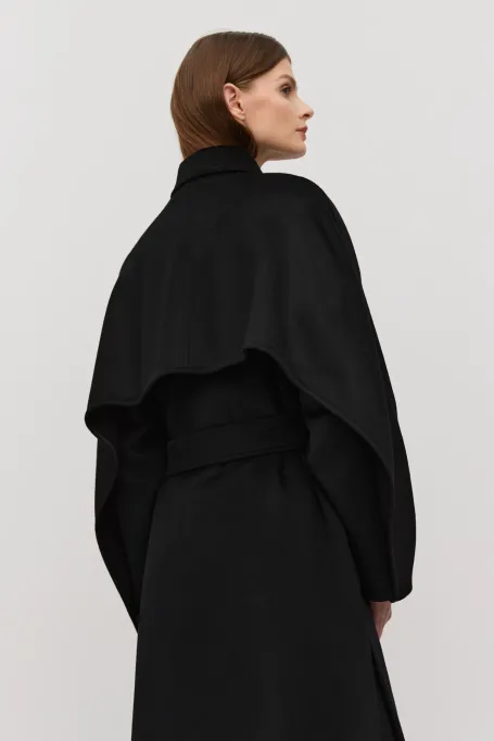 Palton negru cu curea, din amestec de mătase și cașmir