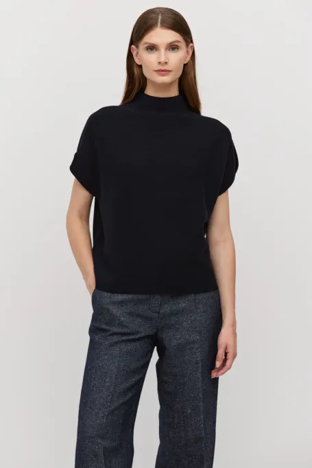 Bluză bleumarin din lână cu guler înalt și mâneci scurte