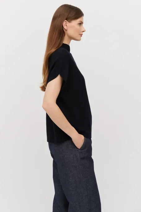 Bluză bleumarin din lână cu guler înalt și mâneci scurte