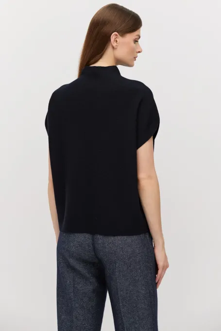 Bluză bleumarin din lână cu guler înalt și mâneci scurte