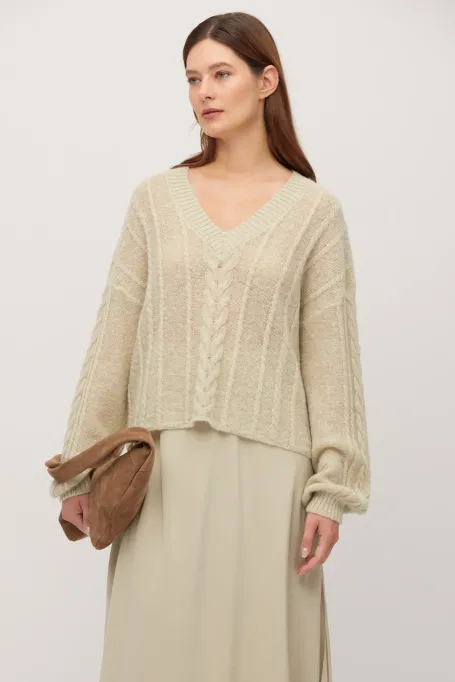 Pulover verde deschis din tricot liber cu lână de alpaca