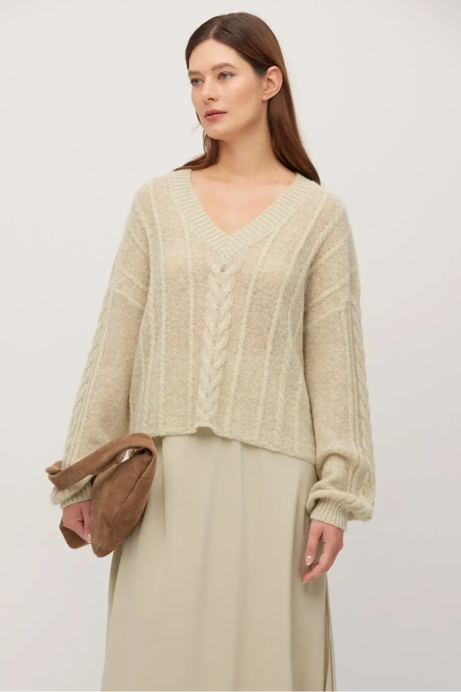 Pulover verde deschis din tricot liber cu lână de alpaca Pulover verde deschis din tricot liber cu lână de alpaca